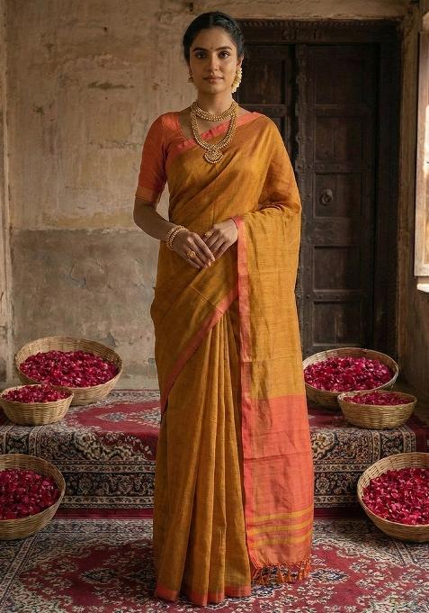 Orange Woven Zari Work Poly Cotton Saree Set