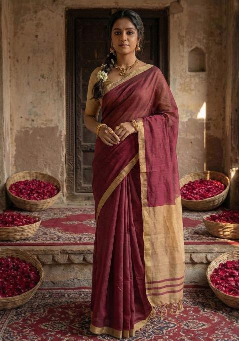Wine Woven Zari Work Poly Cotton Saree Set