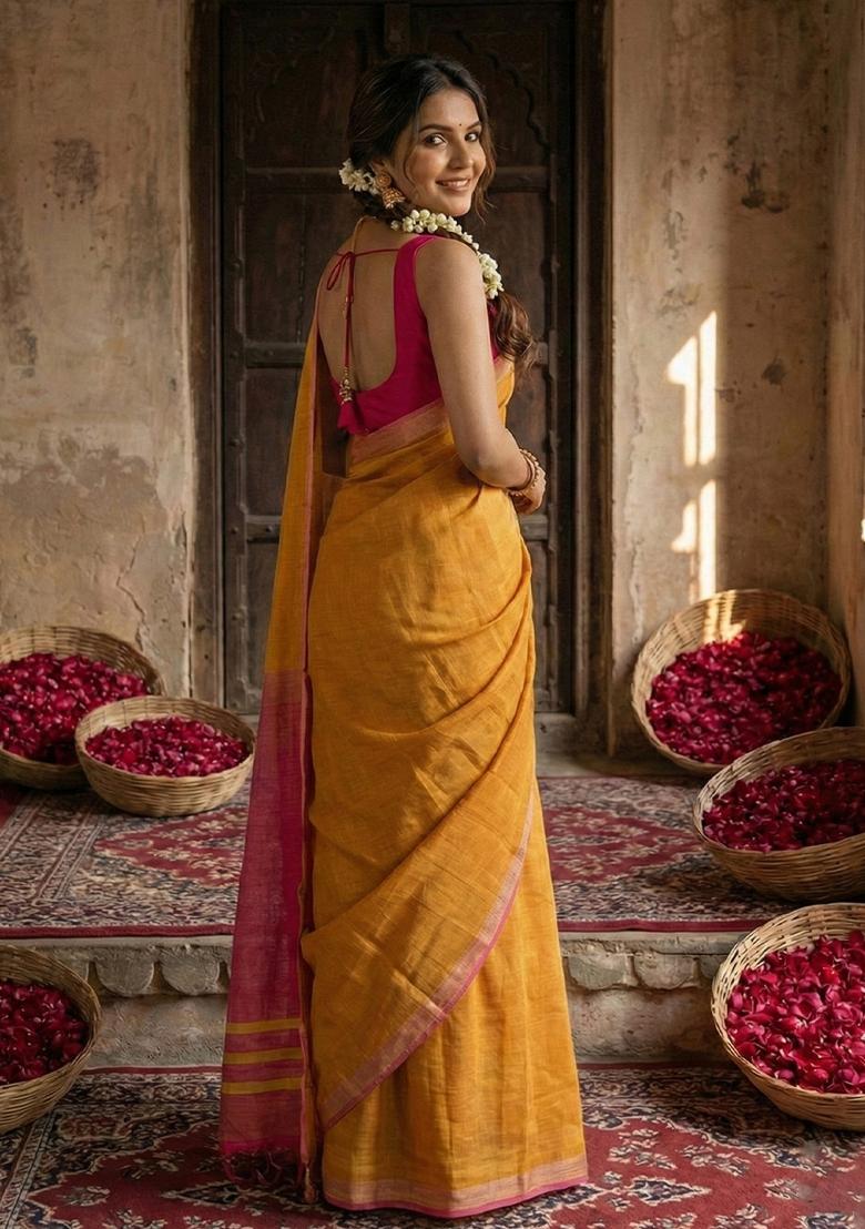 Yellow Woven Zari Work Poly Cotton Saree Set - Indya