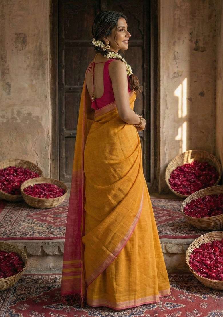 Yellow Woven Zari Work Poly Cotton Saree Set - Indya