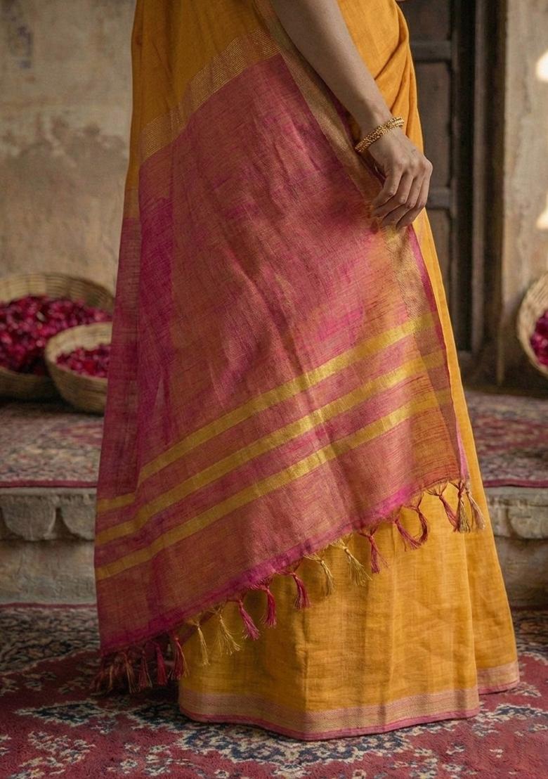 Yellow Woven Zari Work Poly Cotton Saree Set - Indya