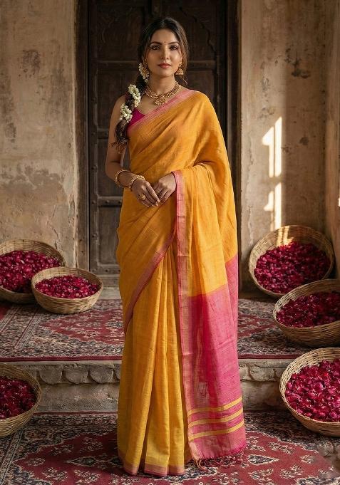 Yellow Woven Zari Work Poly Cotton Saree Set