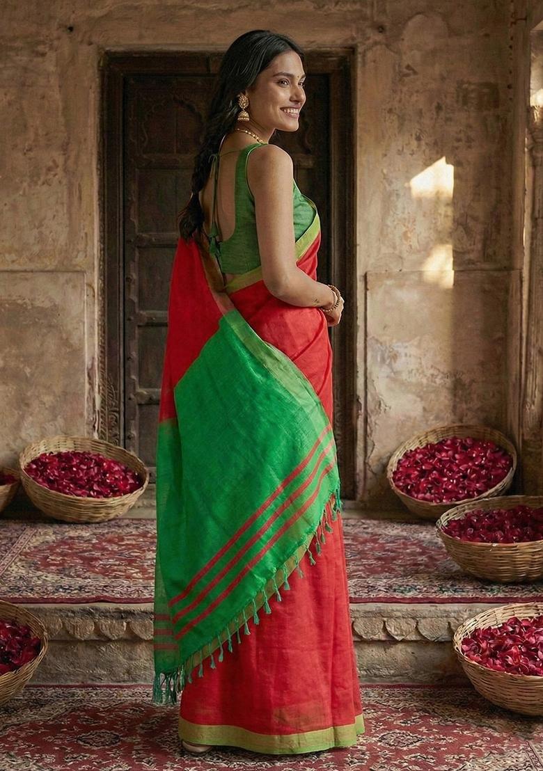 Pink Woven Zari Work Poly Cotton Saree Set - Indya