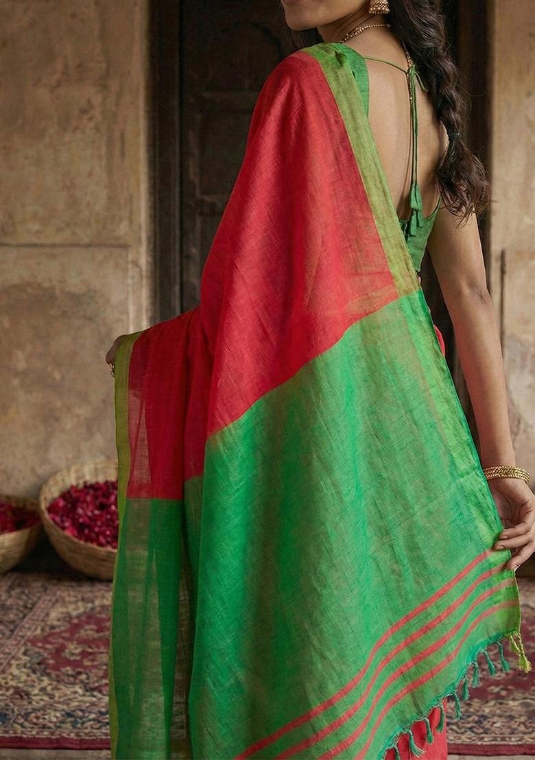 Pink Woven Zari Work Poly Cotton Saree Set - Indya