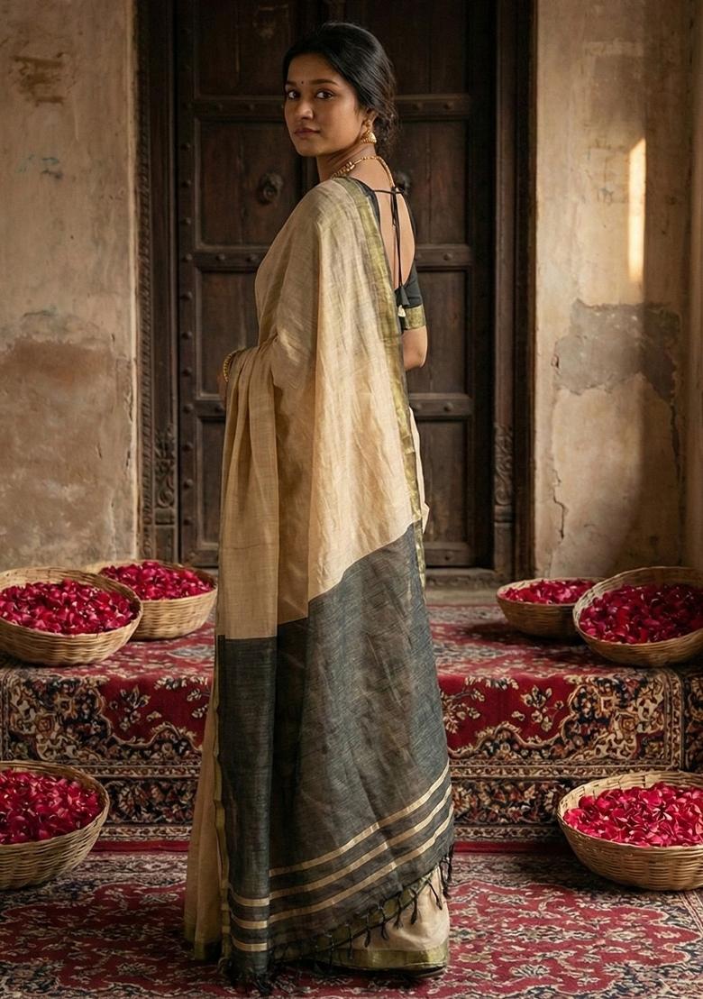 Cream Woven Zari Work Poly Cotton Saree Set - Indya