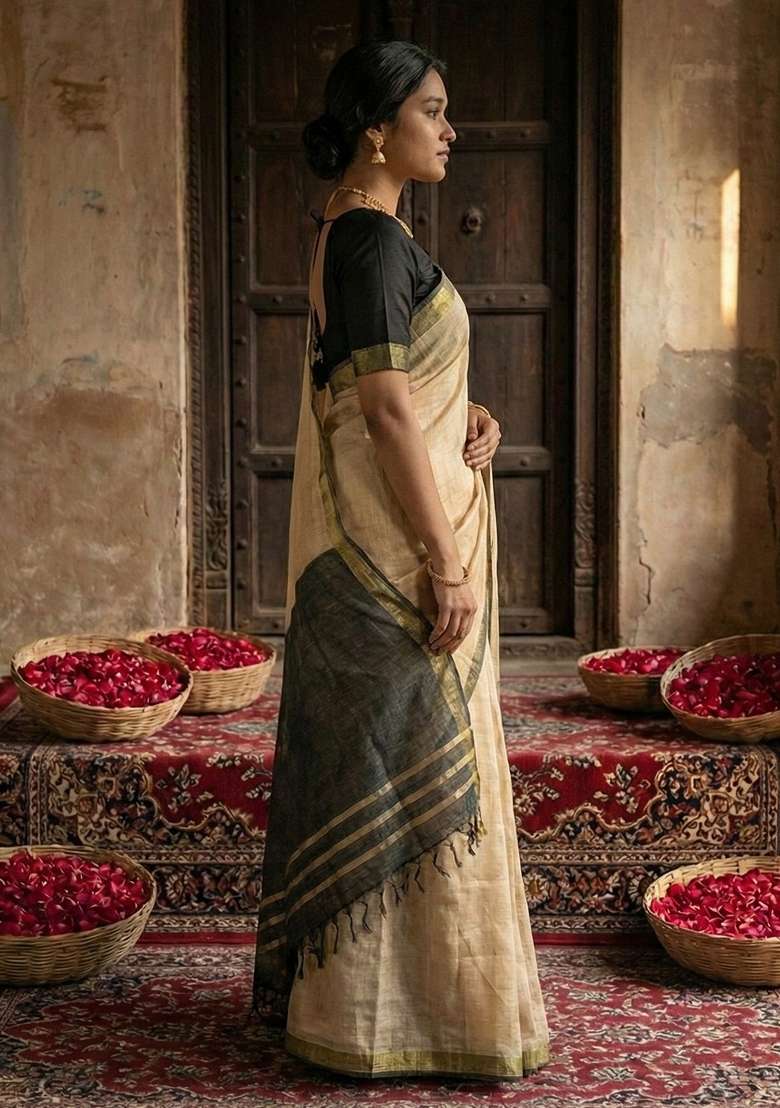 Cream Woven Poly Cotton Saree Set with Zari Work for Diwali | Wedding & Festive Wear - Indya