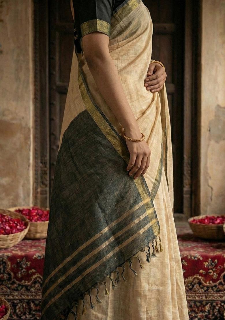Cream Woven Zari Work Poly Cotton Saree Set - Indya