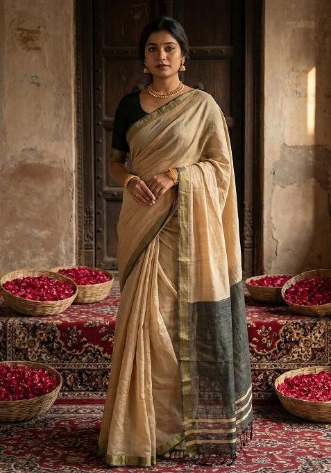 Cream Woven Zari Work Poly Cotton Saree Set