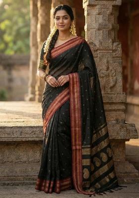 Black Woven Zari Work Banarasi Silk Saree Set