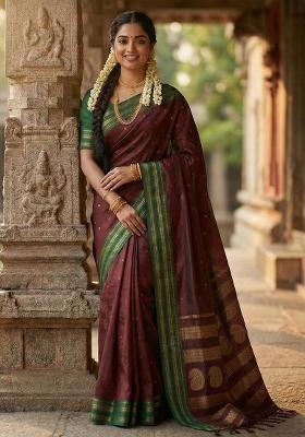 Maroon Woven Zari Work Banarasi Silk Saree Set