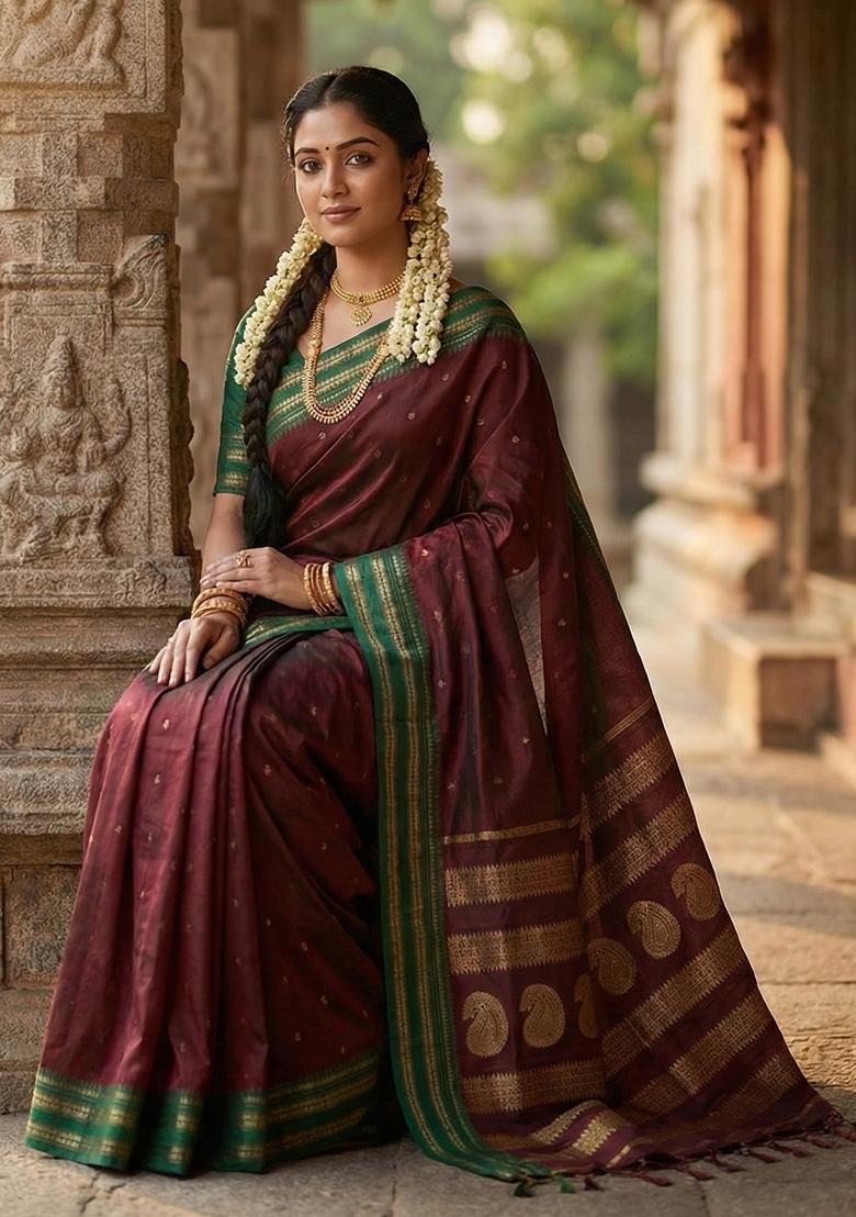 Maroon Woven Zari Work Banarasi Silk Saree Set - Indya