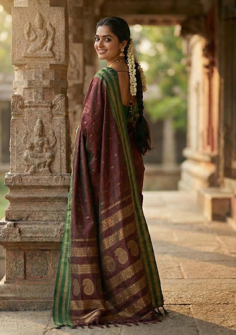 Maroon Woven Zari Work Banarasi Silk Saree Set - Indya