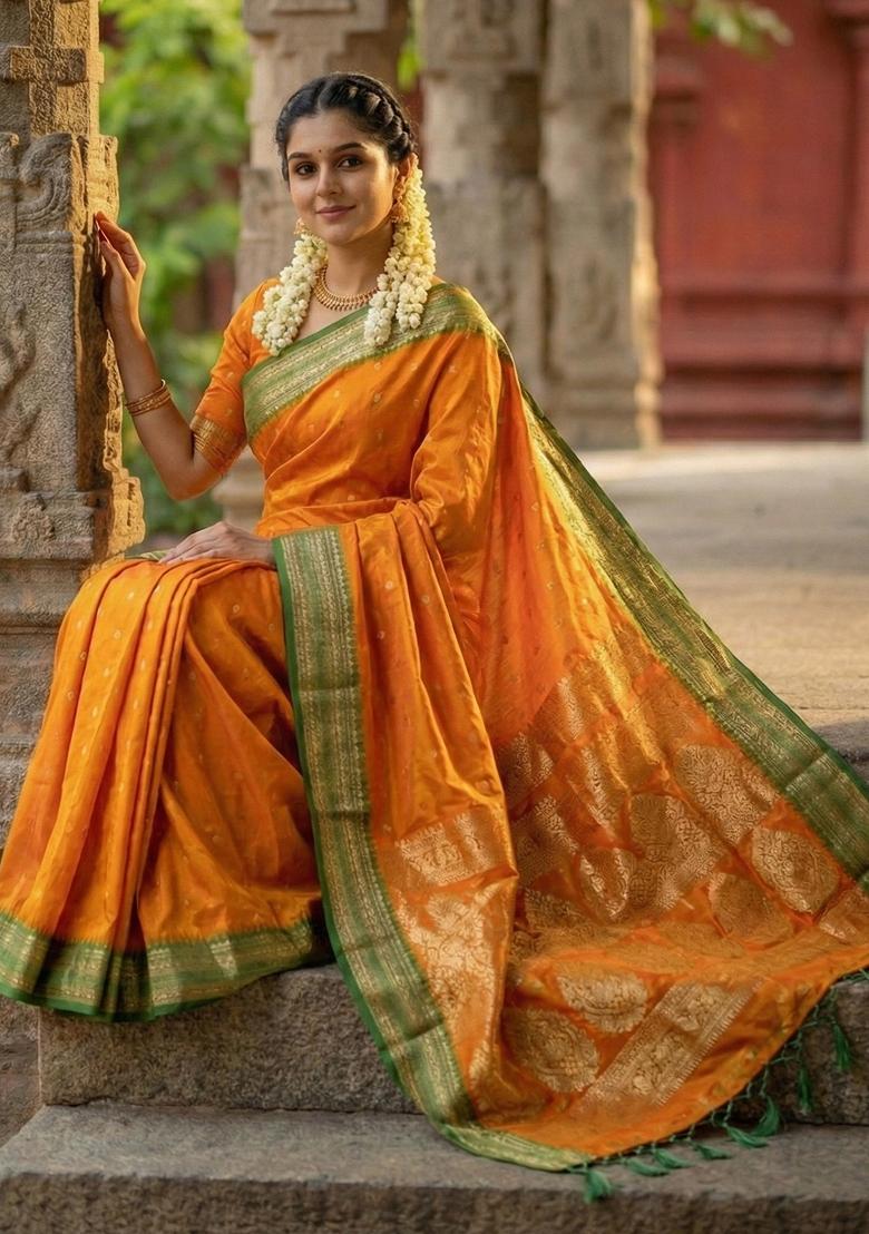 Orange Woven Zari Work Banarasi Silk Saree Set - Indya