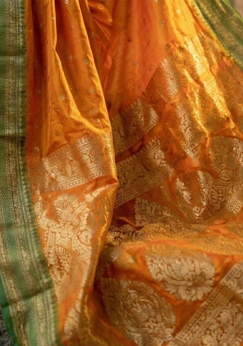 Orange Woven Zari Work Banarasi Silk Saree Set - Indya