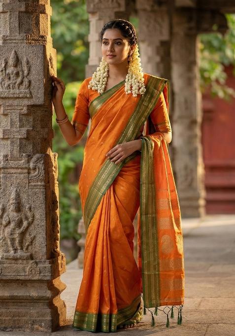 Orange Woven Zari Work Banarasi Silk Blend Saree Set