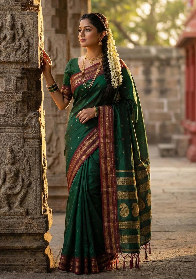 Dark Green Woven Zari Work Banarasi Silk Saree Set - Indya