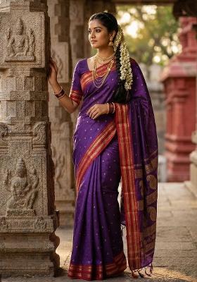 Purple Woven Zari Work Banarasi Silk Saree Set
