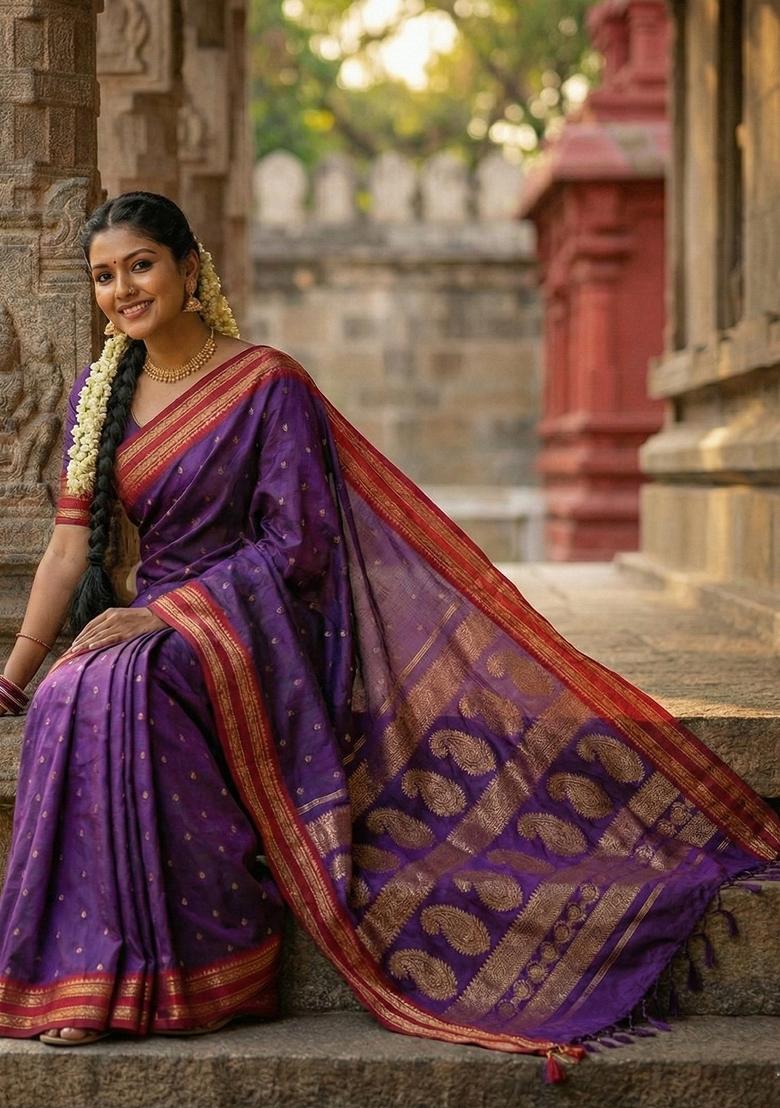 Purple Woven Zari Work Banarasi Silk Saree Set - Indya