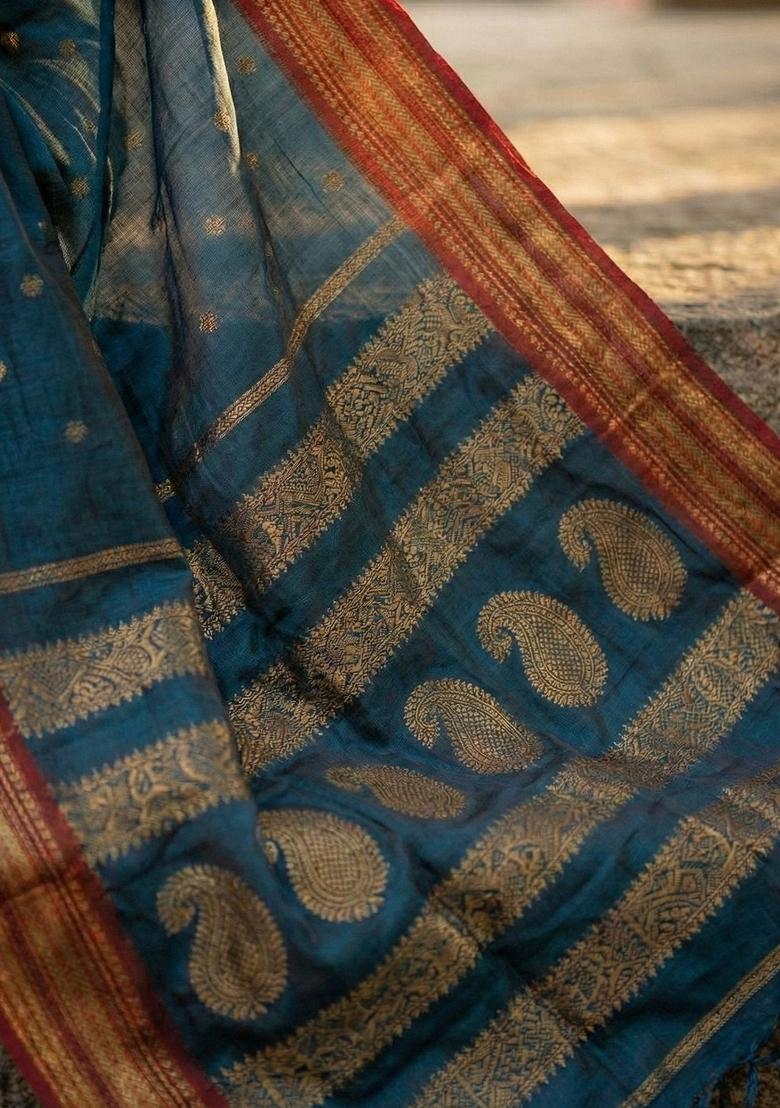 Teal Blue Woven Zari Work Banarasi Silk Saree Set - Indya