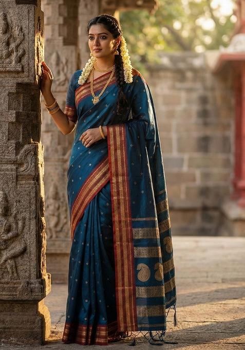 Teal Blue Woven Zari Work Banarasi Silk Blend Saree Set