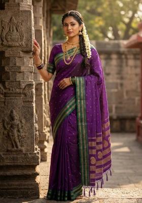 Violet Woven Zari Work Banarasi Silk Saree Set