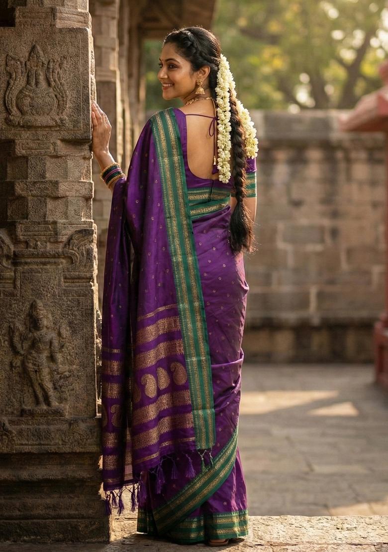 Violet Woven Zari Work Banarasi Silk Saree Set - Indya