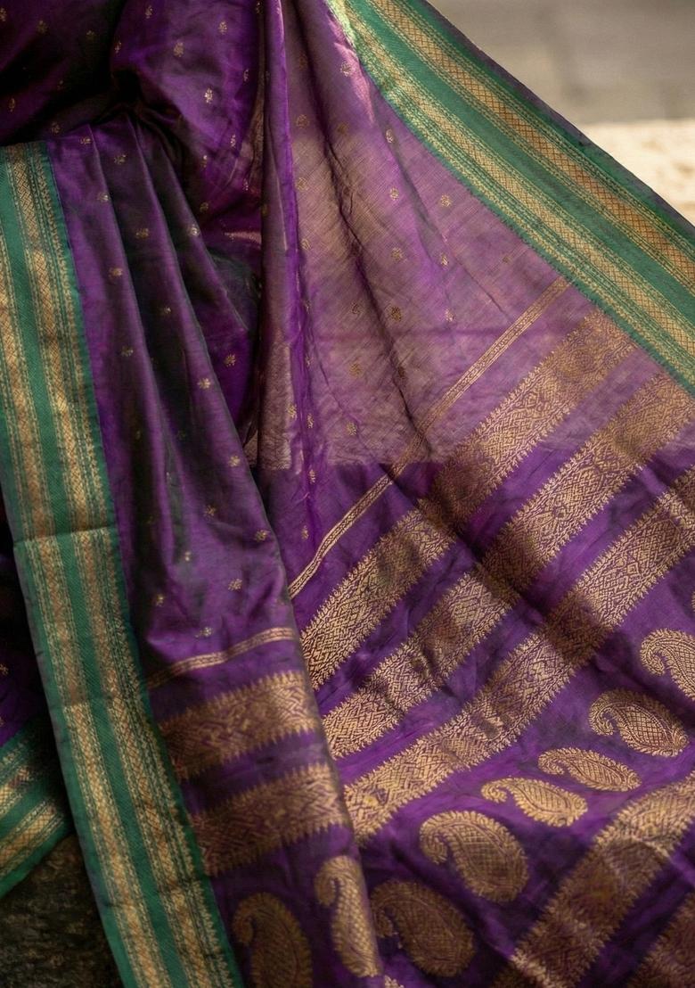 Violet Woven Zari Work Banarasi Silk Saree Set - Indya