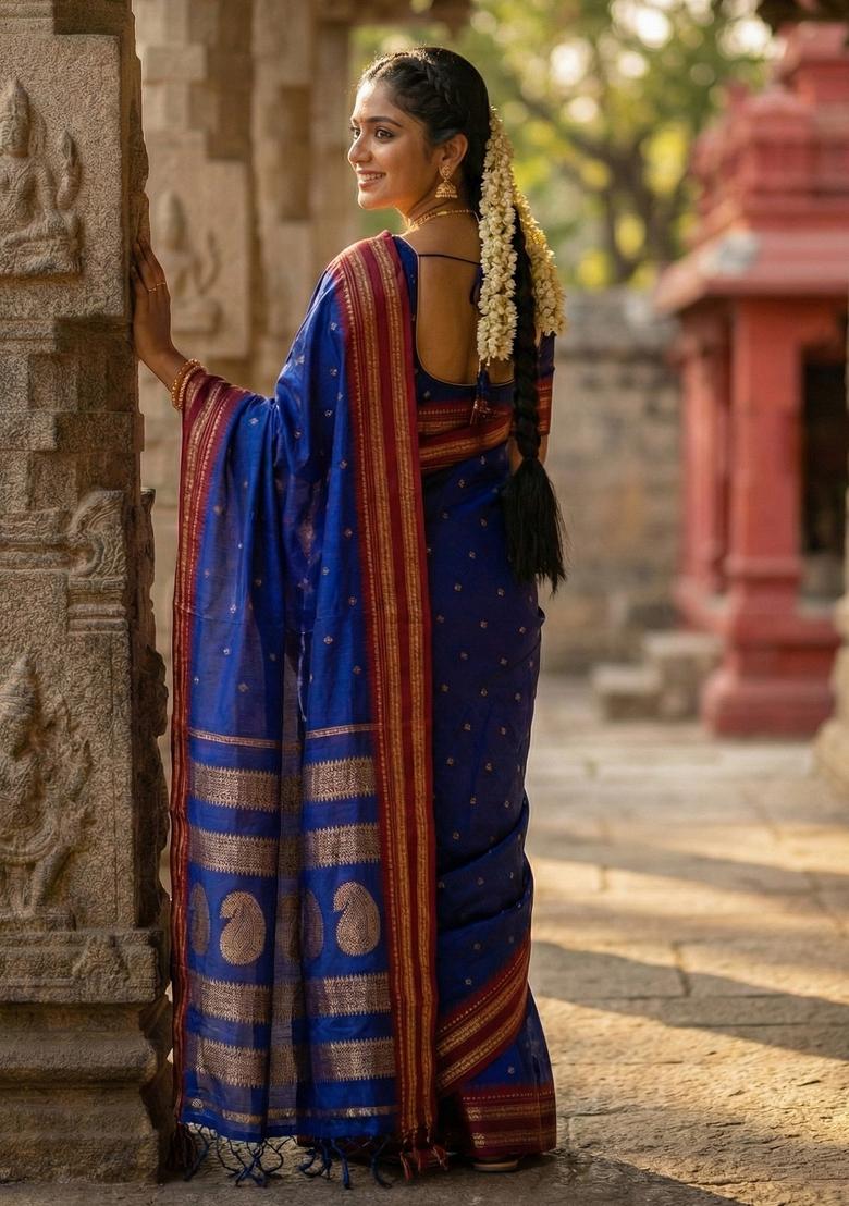 Blue Woven Zari Work Banarasi Silk Saree Set - Indya