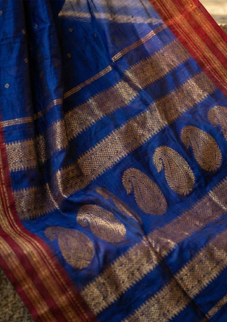 Blue Woven Zari Work Banarasi Silk Saree Set - Indya