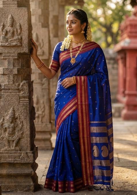 Blue Woven Zari Work Banarasi Silk Saree Set — view on Indya