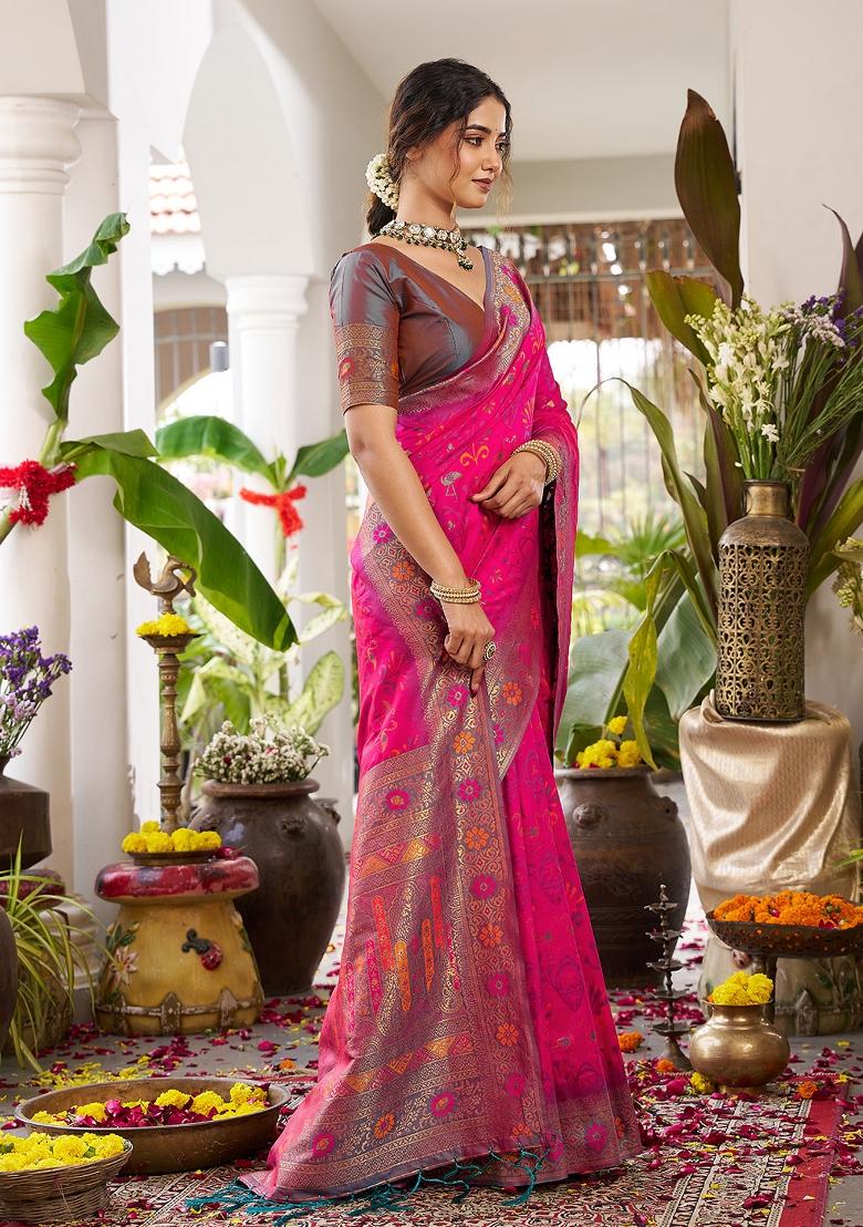 Magenta Pink Woven Zari Work Banarasi Silk Saree Set - Indya