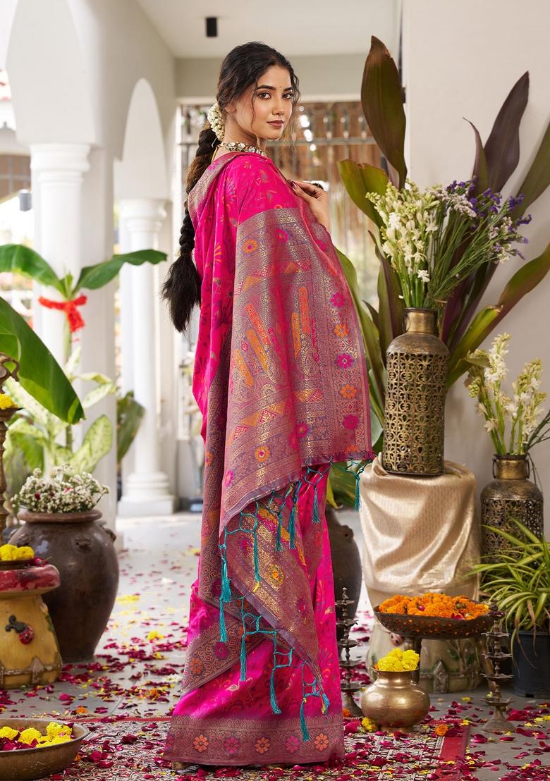 Magenta Pink Woven Zari Work Banarasi Silk Saree Set - Indya