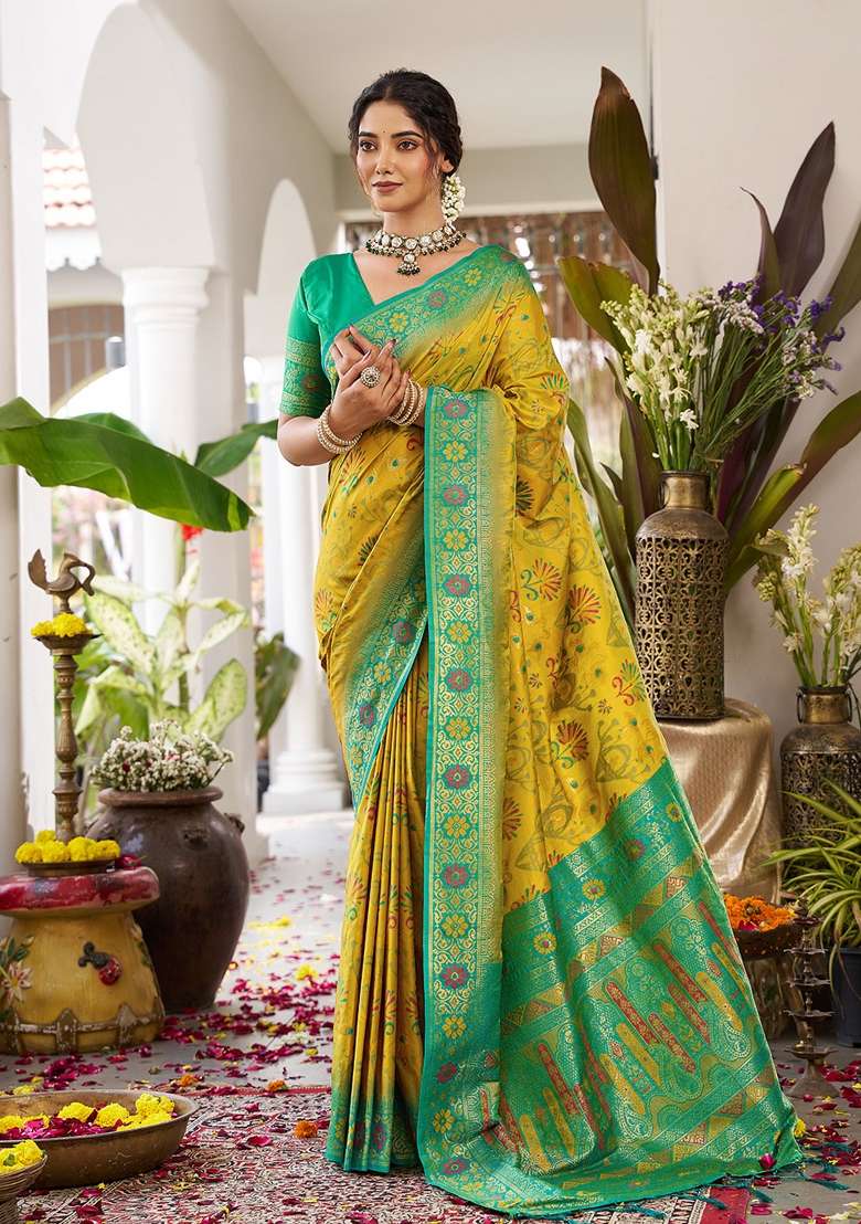 Mustard Yellow Woven Blend Banarasi Silk Saree Set with Zari Work for Diwali | Wedding & Festive Wear - Indya
