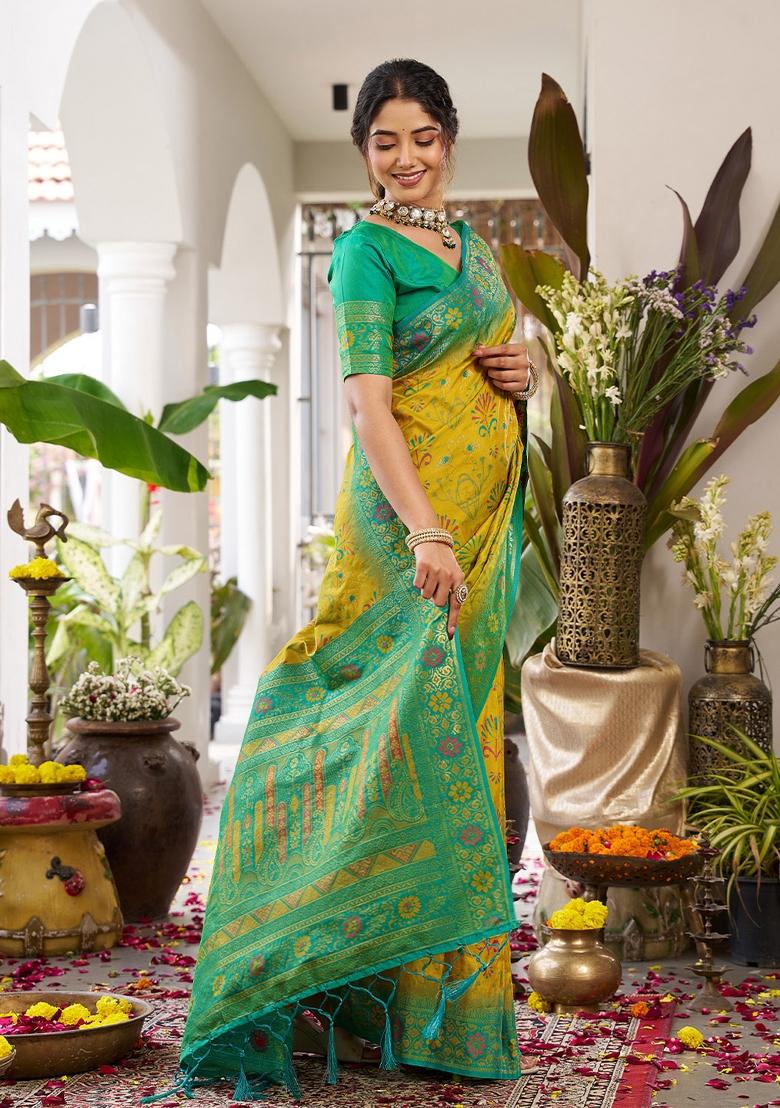 Mustard Yellow Woven Zari Work Banarasi Silk Saree Set - Indya