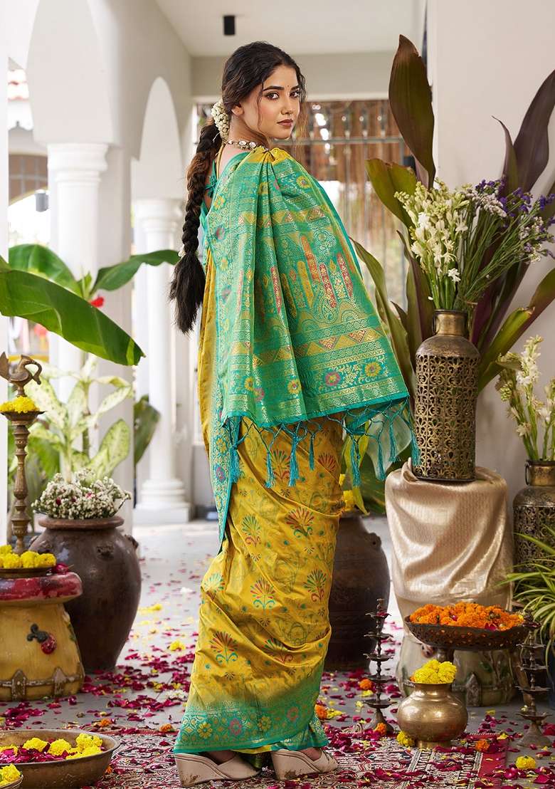 Mustard Yellow Woven Blend Banarasi Silk Saree Set with Zari Work for Diwali | Wedding & Festive Wear - Indya