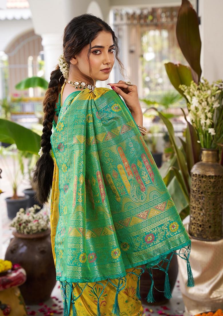 Mustard Yellow Woven Zari Work Banarasi Silk Saree Set - Indya