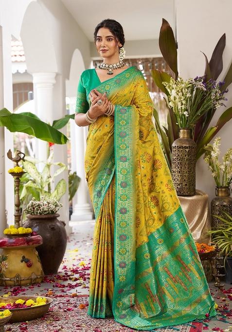 Mustard Yellow Woven Zari Work Banarasi Silk Blend Saree Set
