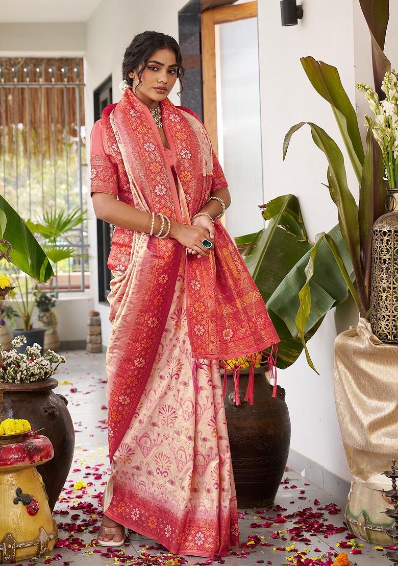 Off-White Woven Zari Work Banarasi Silk Saree Set - Indya