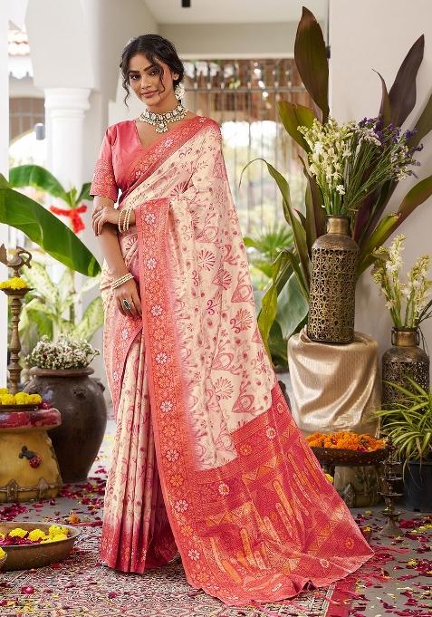 Off-White Woven Blend Banarasi Silk Saree Set with Zari Work for Diwali | Wedding & Festive Wear
