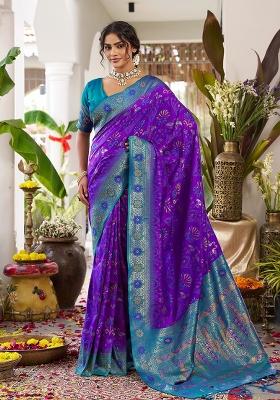 Royal Purple Woven Zari Work Banarasi Silk Saree Set