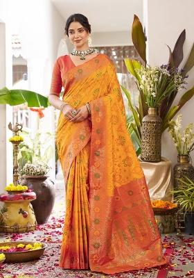 Orange Woven Zari Work Banarasi Silk Saree Set