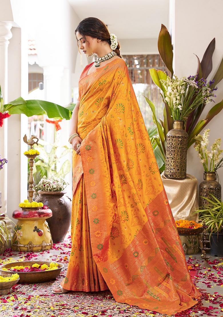 Orange Woven Zari Work Banarasi Silk Saree Set - Indya