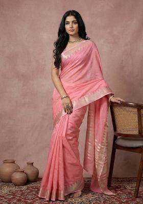 Pink Woven Zari Work Poly Cotton Saree Set