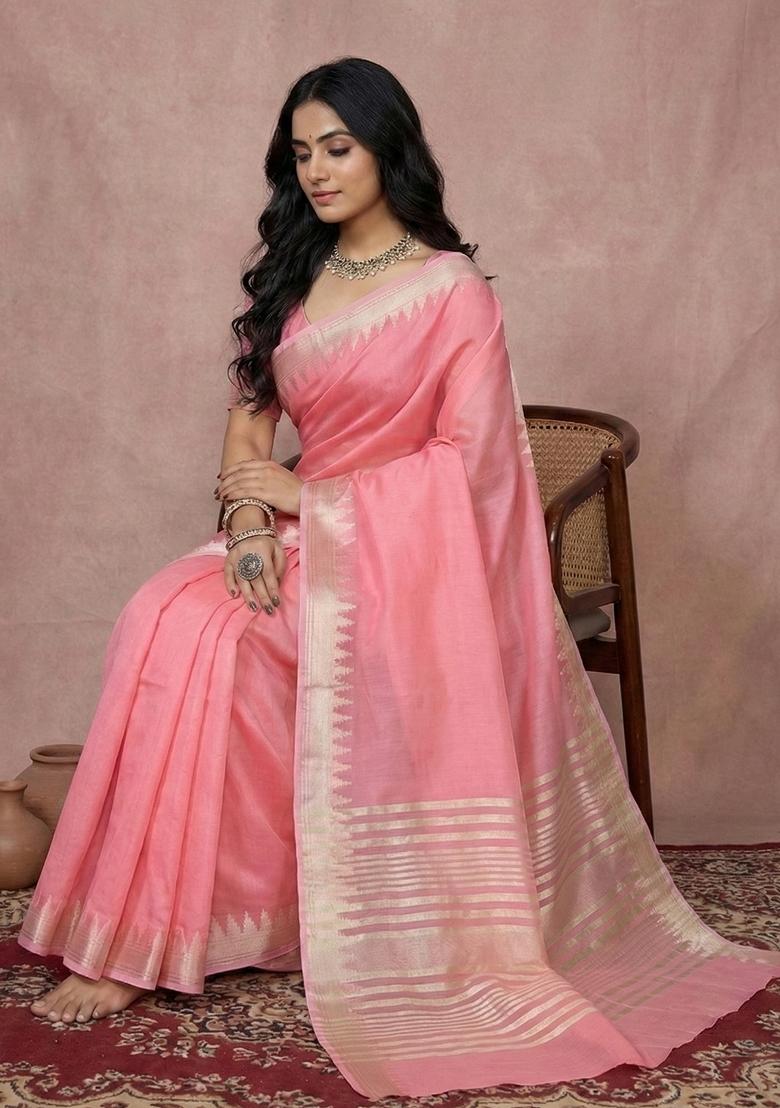 Pink Woven Zari Work Poly Cotton Saree Set - Indya