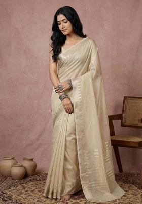 Cream Woven Zari Work Poly Cotton Saree Set