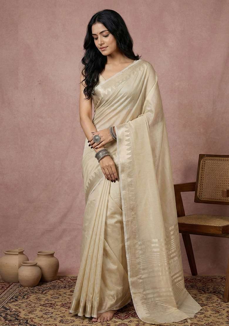 Cream Woven Zari Work Poly Cotton Saree Set for Diwali and Festive Wear - Indya