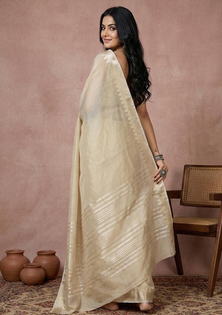 Cream Woven Zari Work Poly Cotton Saree Set - Indya