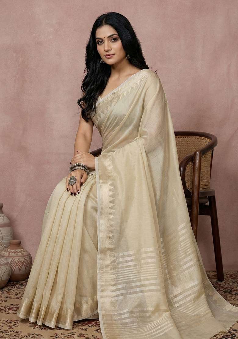 Cream Woven Zari Work Poly Cotton Saree Set for Diwali and Festive Wear - Indya