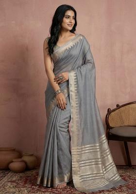 Grey Woven Zari Work Poly Cotton Saree Set