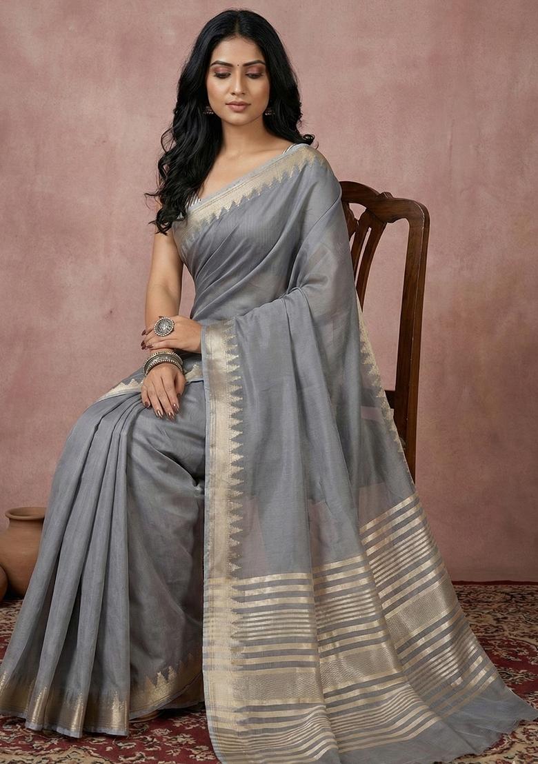Grey Woven Zari Work Poly Cotton Saree Set - Indya